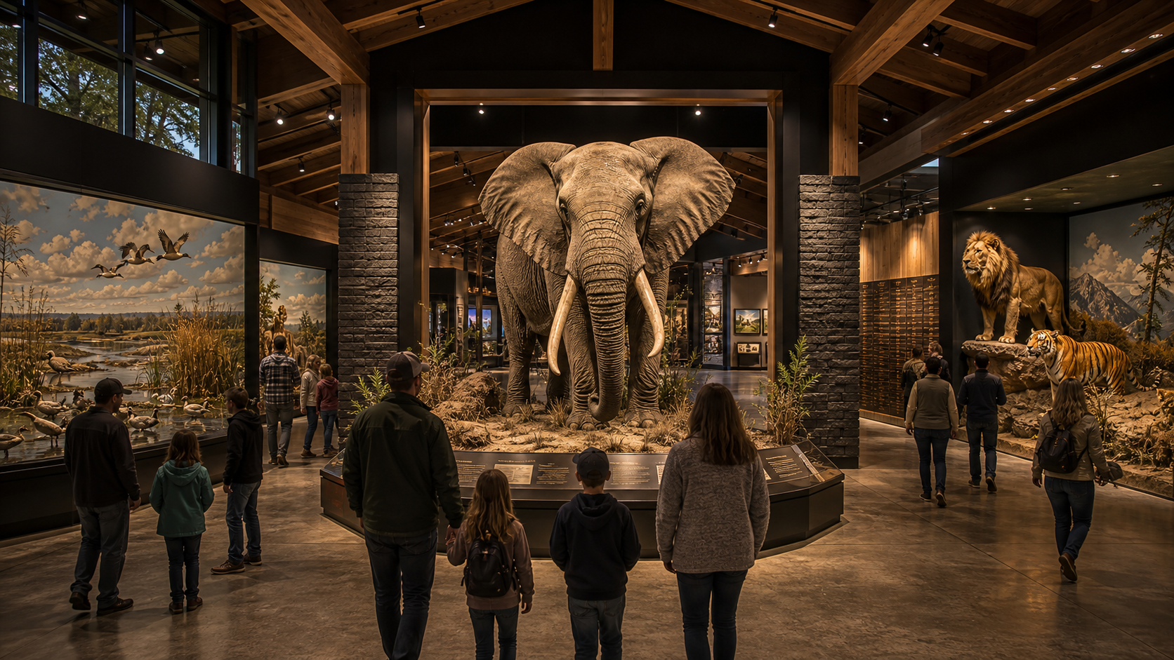 Concept rendering of a regional wildlife museum entry hall with a full-size elephant centerpiece, wetlands exhibit, big cats gallery, and visitor pathway
