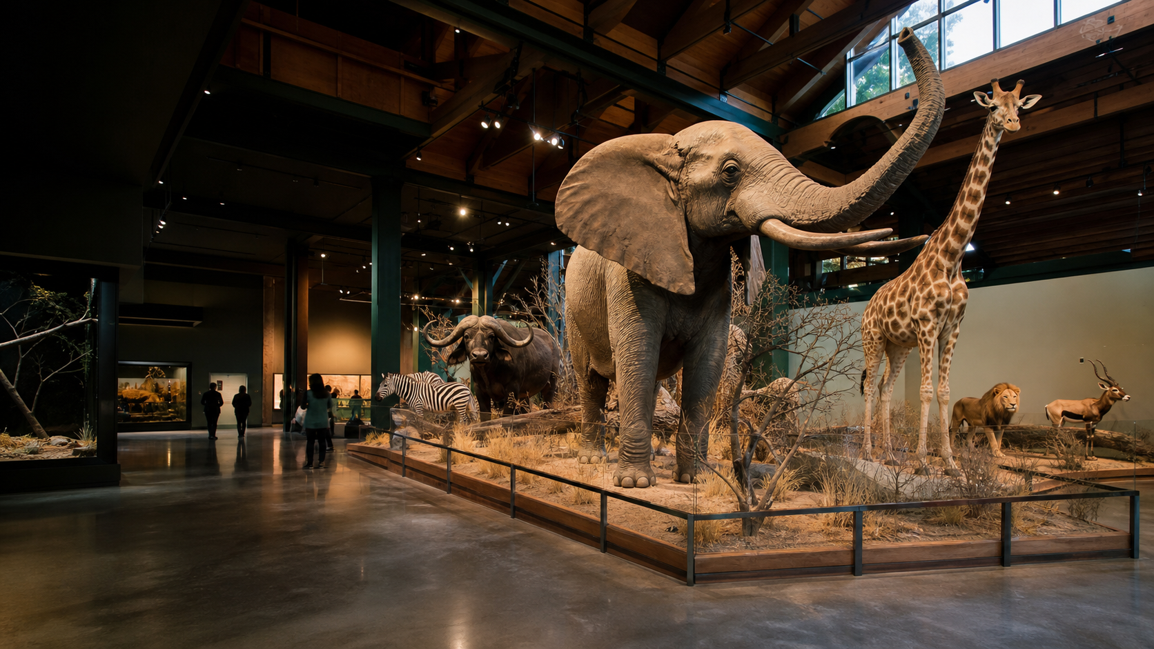 Photorealistic vision image of visitors viewing an elephant, giraffe, buffalo, zebra, lion, and antelope in a natural history museum gallery